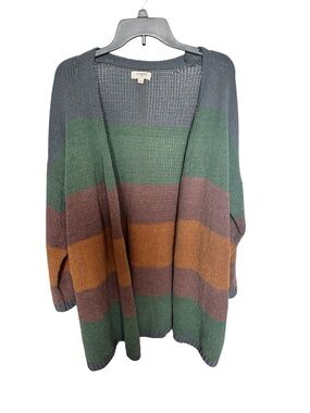 Umgee Open-Front Striped Cardigan - Green/Brown/Gold/Gray
